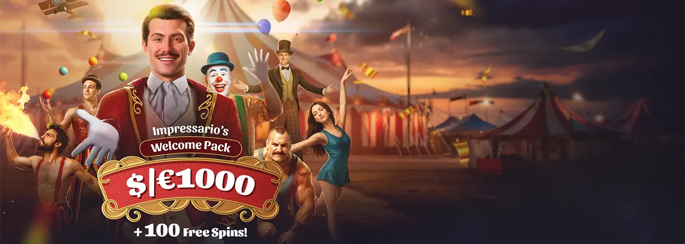 Breed welkomstbonusbanner met een lachende circusdirecteur in rood kostuum, omringd door een clown, jongleur, acrobate en sterke man voor een circustent bij zonsondergang, met de tekst Impressario's Welcome Pack $|€1000 plus 100 Free Spins