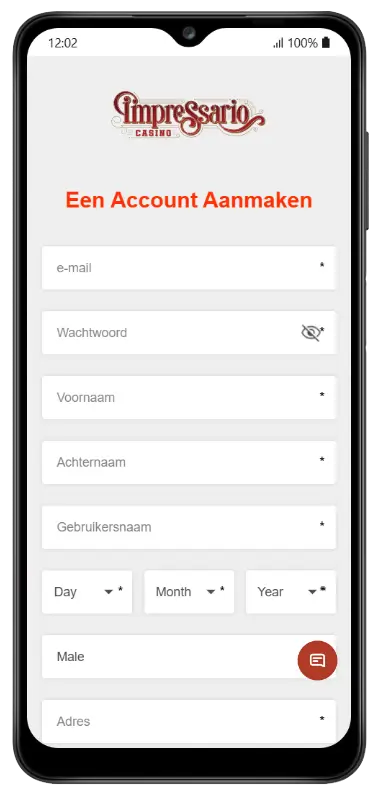 Mobiel registratieformulier van Impressario Casino met invulvelden voor e-mail, wachtwoord, voornaam, achternaam, gebruikersnaam, geboortedatum, geslacht en adres