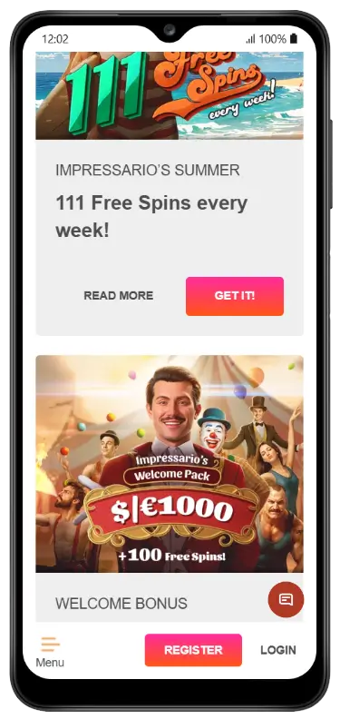 Mobiele promotiepagina met een banner voor 111 gratis spins per week bij Impressario's Summer-actie en een welkomstbonusbanner met $|€1000 plus 100 gratis spins